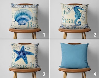 Blue White Coastal Pillow Cover, Nautical Cushion Cover, Blue Ocean Home Throw Pillows, Any Size Pillow, Seahorse Decor, Size Option Pillow