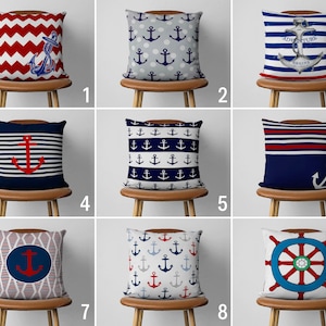 Nautical Anchor Pillow Case, Navy Blue & Red Cushion Cover, Marine Pillow Cover, Coastal House Decor, Size Option Pillow, 20x20 18x18