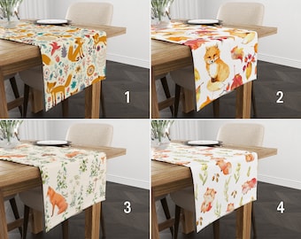 Fox in Woodland Table Runner, Fall Kitchen Runner, Autumn Tablecloth, Kitchen Textile, Orange & Green Table Linens, Any Size Runner
