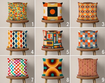 Vivid Color Retro Design Pillow Case, Mid Century Modern Geometric Pillow Cover, Retro Style Abstract Cushion Cover, Any Size Pillow, 18x18