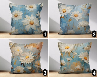 Funda de almohada con diseño de margaritas, diseño rústico floral en azul y amarillo, funda de almohada con flores de margaritas para verano y primavera, decoración de estilo rústico bohemio, 20 x 20