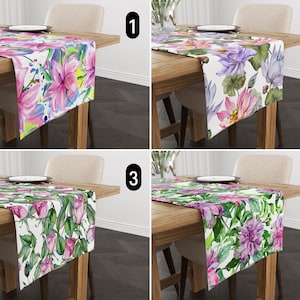 Floral Watercolor Art Table Runner, Pink Purple Flowers & Green Leaves Table Runner, Spring Summer Table Runner, Dining Room Decor, Any Size