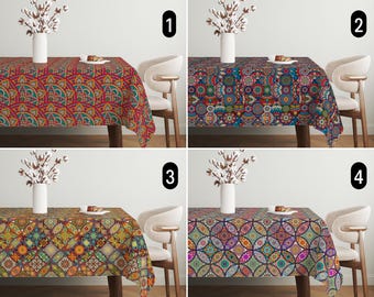 Traditional Abstract Tablecloth, Colorful Vibrant Moroccan Mosaic Tablecloth, Geometric Eclectic Luxurious Arabian Tablecloth, Ethnic Decor