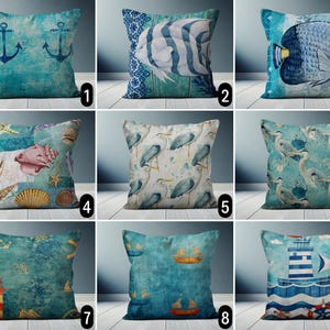 Blue Beach House Throw Pillow Cover, Coastal Maritime Cushion Cover, Nautical Anchor Fish Sailboat & Heron Bird Pillow Case, Coastal Decor