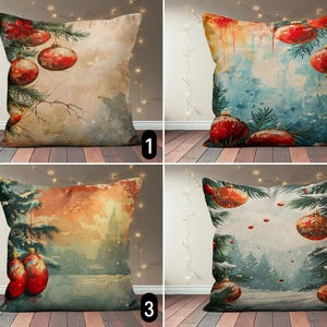 Copricuscino con decorazioni natalizie, copricuscino con dipinto di palline di pino rosso, federa con vista innevata, decorazioni natalizie in stile nostalgico