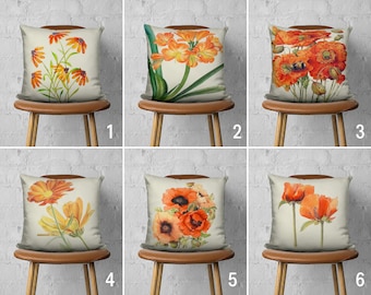 Orange Flowers Pillow Cover, Floral Cushion Cover, Colorful Bedroom Pillow Case, Apartment Decor, Farmhouse Decor, Euro Sham Cover, 18x18