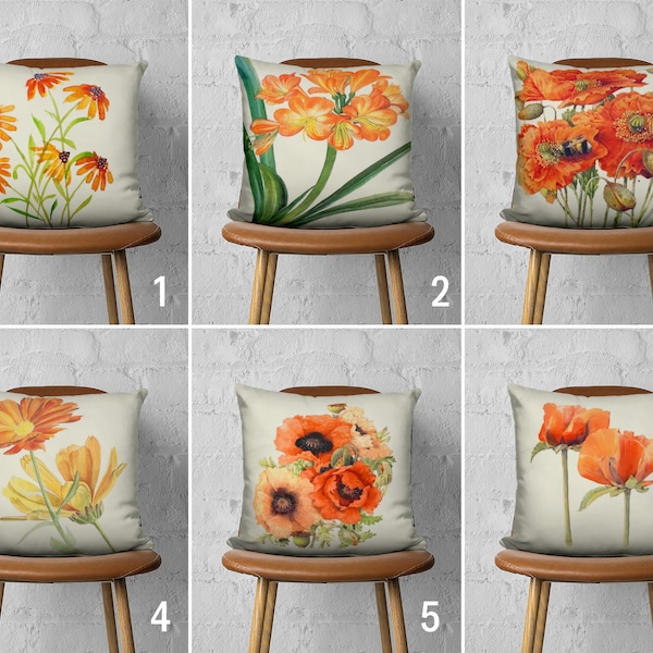 Orange Flowers Pillow Cover, Floral Cushion Cover, Colorful Bedroom Pillow Case, Apartment Decor, Farmhouse Decor, Euro Sham Cover, 18x18