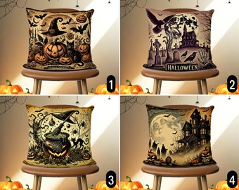 Vintage Halloween Design Pillow Cover, Old School Style Spooky Halloween Cushion Cover, Witch & Jack-O'-Lantern Pillow Case, Halloween Gift