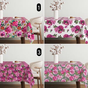 May include: Four different floral tablecloths featuring pink and white peonies. The tablecloths are displayed on a table with a chair on each side. The tablecloths are numbered 1 to 4.
