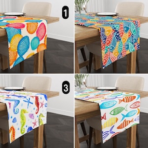 Colorful Coastal Table Runner, Seahorse Fish Seashell Design Marine Life Runner, Nautical Vivid Summer Table Runner, Beach House Decor