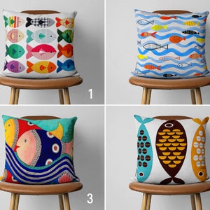 Colorful Fish Pillow Cover, Blue Ocean Cushion Cover, Nautical Funny Pillow Cover, Kids Room Decor, Custom Size Pillow, Cover Only