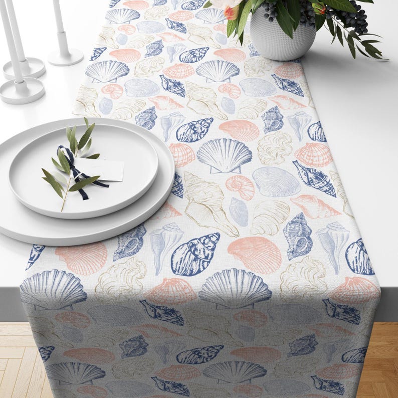 Runner Seashell Coastal Marine Life Table Runner, Nautical Pastel Peach & Blue Color ...