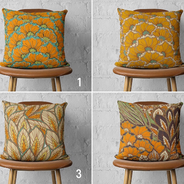 Boho Flowers Throw Pillow Case, Floral Yellow Orange Cushion Cover, Bohemian Fall Pillow Cover, Euro Sham Cover, Living Room Decor, 24x24