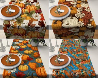 Corredor de mesa de abóboras de outono Boho, corredor de mesa de design de outono aconchegante, toalha de mesa de folhas e flores, qualquer corredor de mesa de tamanho personalizado, decoração de fazenda