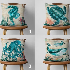 Sea Turtle Octopus Pillow Cover, Seahorse Whale Pillow Case, Blue Beige Coastal Cushion Cover, Ocean House Decor, Any Size Pillow