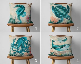 Sea Turtle Octopus Pillow Cover, Seahorse Whale Pillow Case, Blue Beige Coastal Cushion Cover, Ocean House Decor, Any Size Pillow