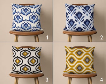 Ikat Design Pillow Covers, Ethnic Cushion Cover, Yellow & Blue Rug Pattern Pillow Case, All Sizes Pillow, Handmade Pillows, 20x20 18x18