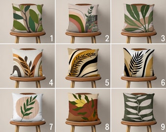 Boho Leaves Pillow Cover, Abstract Throw Pillow Case, Floral Green Brown Cushion Cover, Boho Home Decor, Any Custom Size Pillow, Cover Only