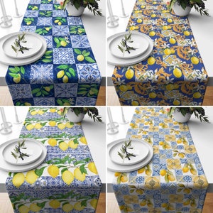 Lemon & Tile Table Runner, Blue and Yellow Summer Runner, Italian Style Centerpiece Runner, Mediterranean Decor, Citrus Table Textile