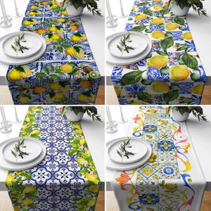 Lemon & Tile Table Runner, Blue Yellow Italian Style Runner, Mediterranean Decor, Citrus Dining Table Textile, Summer Tablecloth