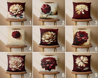 Floral Burgundy Color Pillow Cover, Claret Red & Beige Flowers Throw Pillow Case, Maroon Bloomy Cushion Cover, Living Room Decor, All Sizes