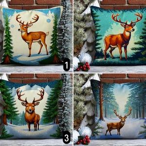 Winter Deer Throw Pillow Case, Reindeer in Snowy Pine Forest Landscape Pillow Cover, Rustic Christmas Holiday Woodland Decor,Cozy Home Decor