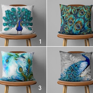 Peacock Design Pillow Cover, Teal Blue & Turquoise Peafowl Cushion Cover, Animal Feather Print Pillow Case, Farmhouse Decor, Peahens Decor