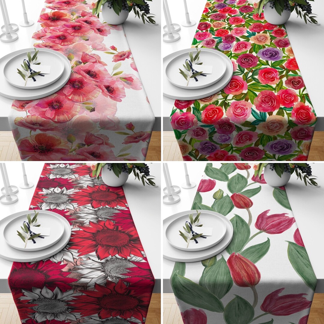 Floral Pink Table Runners, Spring Flowers Runner, Kitchen Tablecloth