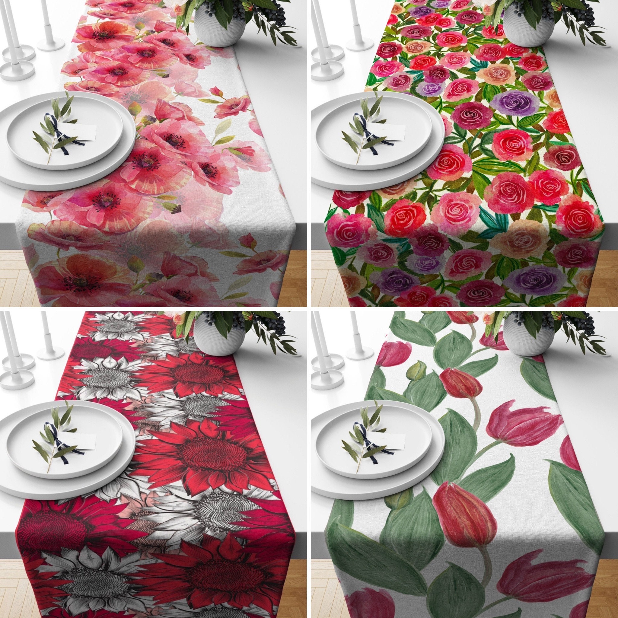 Table Runner Spring Style Floral Pink Table Runners, Spring Flowers Runner, Kitchen Tablecloth ...