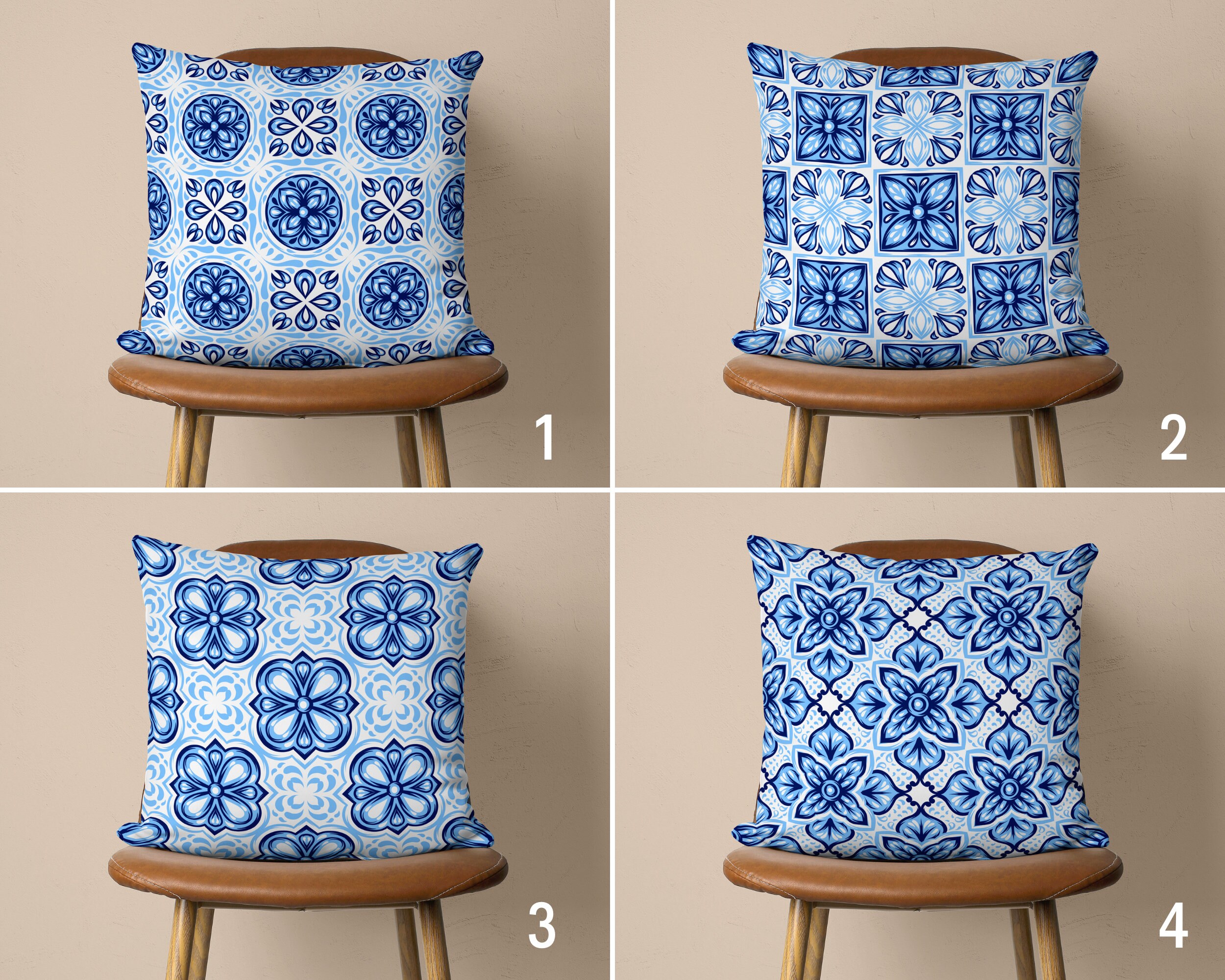 Mediterranean Pillow Cover, Blue Motifs Cushion Cover, Tile Pattern Pillow Case, 18x18, 20x20, Cover Only, Custom Size Pillow