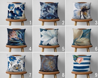 Blue Flower Pillow Cover, Decorative Leaves Cushion Cover, Farmhouse Design, Bedroom Decor, Euro Sham Cover, Apartment Decor, Cover Only