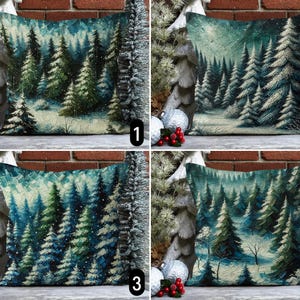 Federa per cuscino con foresta di pini innevati, federa per cuscino con paesaggio di alberi sempreverdi verdi e blu, federa per cuscino rustica per le vacanze invernali, regalo di Natale