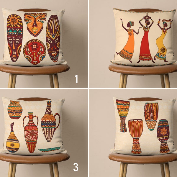 Ethnic African Style Pillow Cover, Masks and Drums Pillow Case, Traditional Cushion Cover, Any Size Pillow, Boho Home Pillow, 18x18, 20x20