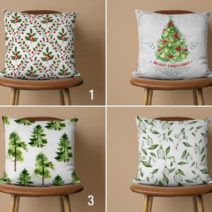 Copricuscino per albero di Natale, Copricuscino per albero di pino e bucaneve, Federa per cuscino con bacche invernali, Tessuto invernale verde, Regalo di Natale, Arredamento invernale