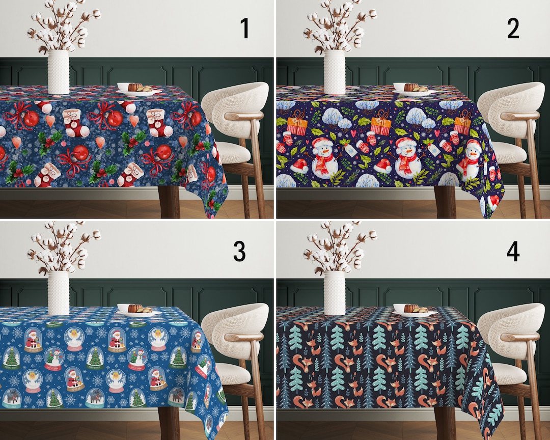 Festive Blue Christmas Tablecloth, Joyful Holiday Tablecloth, Snowman
