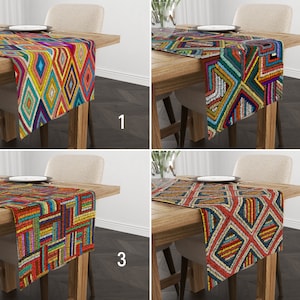 Chemin imprimé broderies colorées, chemin de table de cuisine motif tribal aztèque, nappe ethnique authentique, déco design kilim, déco bohème