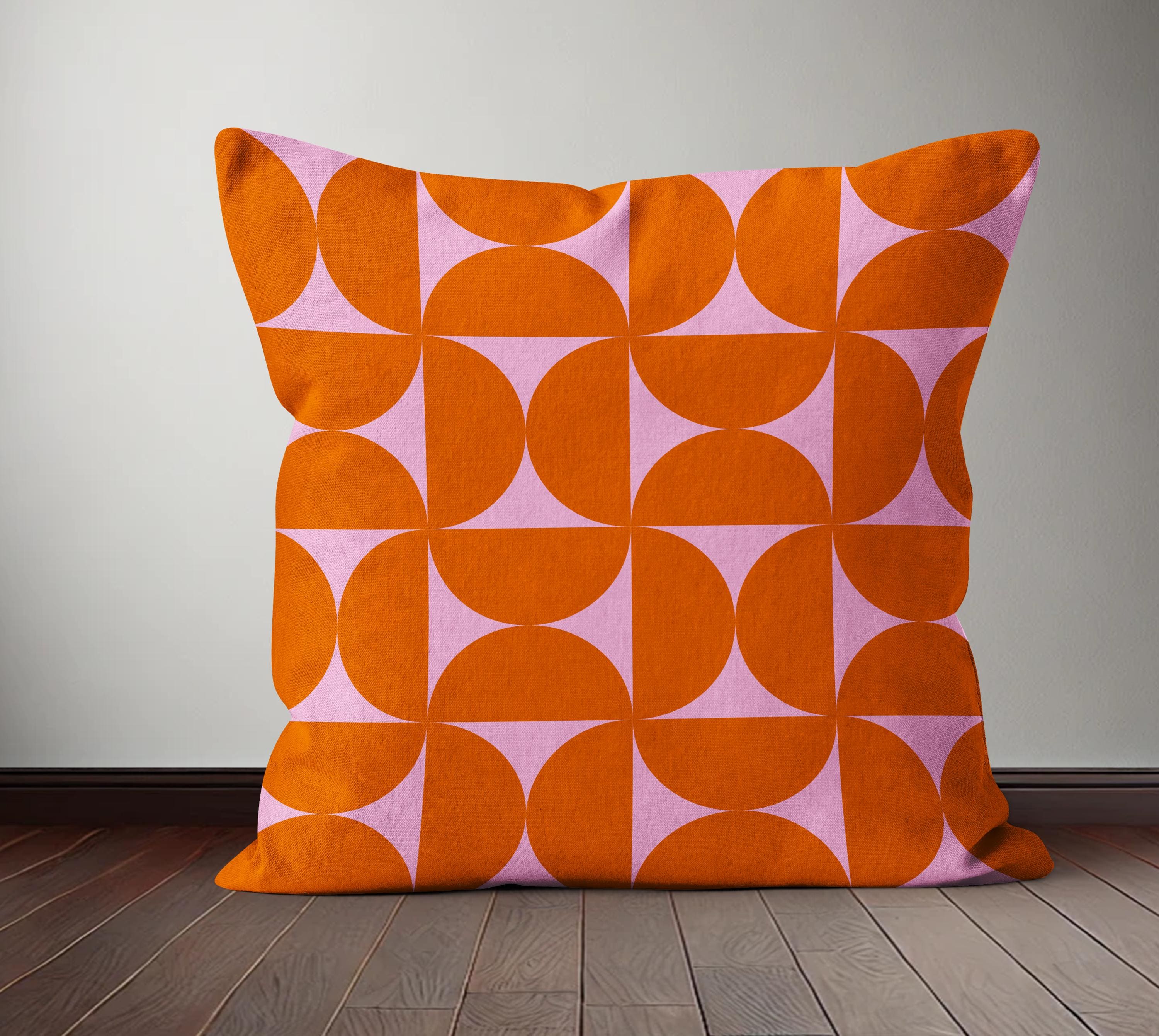 Mid Century Modern Abstract Pillow Covers — 16x16", Pink Orange Geometric Pattern, Linen Fabric, Decorative Throw Pillowcases