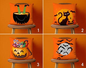 Funda de almohada de Halloween, funda de cojín de calabaza y murciélagos de Halloween, funda de almohada de gato negro, regalo de Halloween naranja, decoración personalizada espeluznante