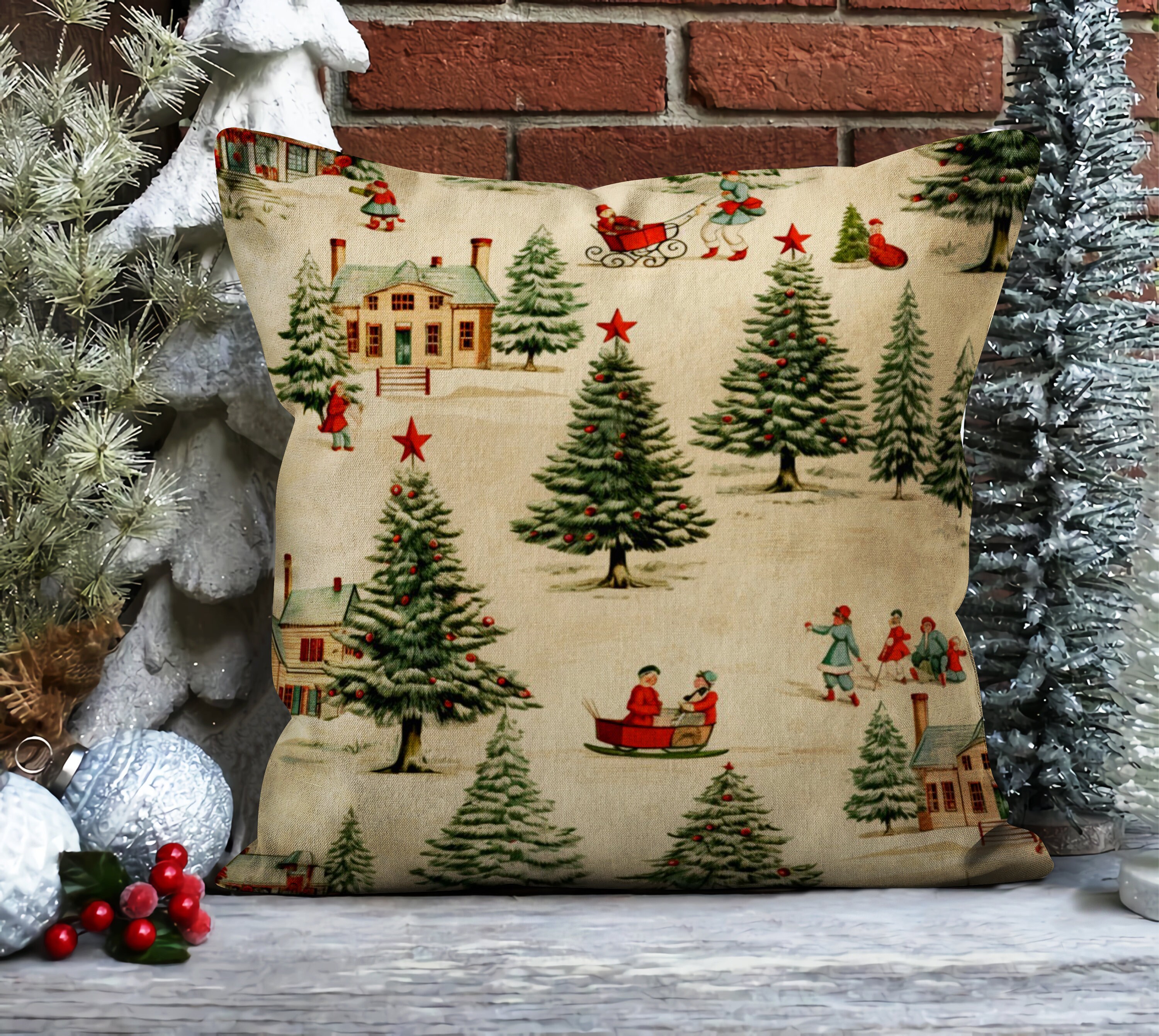 Vintage Style Winter Throw Pillow Case, Pine Tree Forest Christmas ...