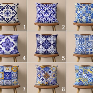 Blue Tile Pattern Throw Pillow Cover, Spanish Italian Style Tile Blue Cushion Cover, Portuguese Design Ceramics Print Pillow Case, Any Size