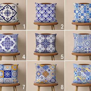 Blue Tile Pattern Throw Pillow Cover, Spanish Italian Style Tile Blue Cushion Cover, Portuguese Design Ceramics Print Pillow Case, Any Size