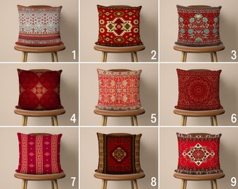 Red & Burgundy Rug Pillow Case, Ethnic Turkish Kilim Design Cushion Cover, Boho Traditional Carpet Pattern Pillow Cover, Anatolian Decor