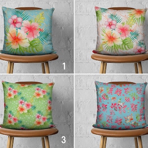 Hibiscus Design Pillow Cover, Tropical Flowers Cushion Cover, Blue Green Pink Bloomy Pillow Case, Spring & Summer Decor, Coastal Decor