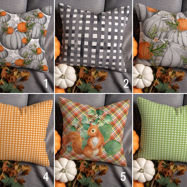 Fall Pumpkin & Squirrel Throw Pillow Case, Checkered Design Pillow Cover, Orange Green Gray Cushion Cover, Autumn Decor, Euro Sham Cover