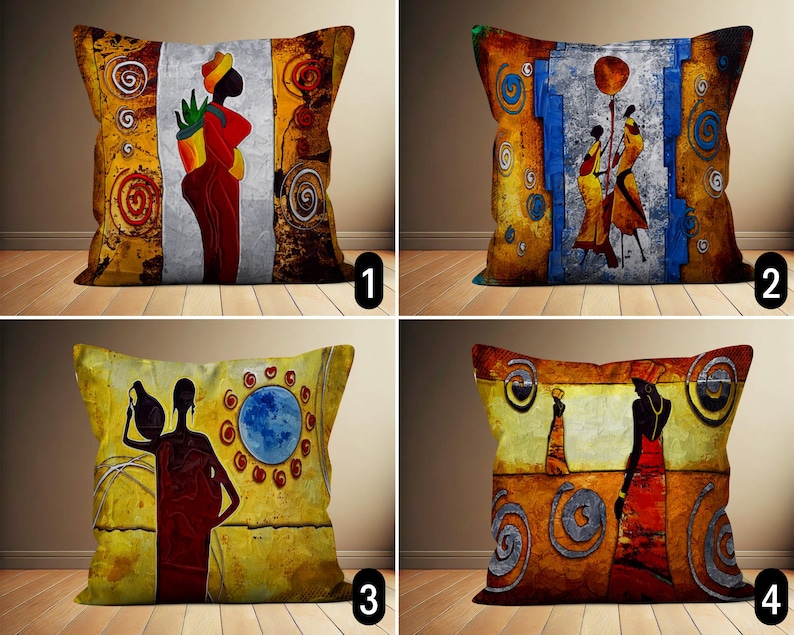 African Silhouette Art Pillow Cover, Ethnic Boho Abstract Painting
