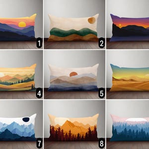 Könnte beinhalten: Zehn verschiedene Kissen-Designs mit abstrakten Landschaftsmotiven mit Bergen, Bäumen und Sonnenuntergängen. Die Kissen sind rechteckig und haben einen weißen Hintergrund.