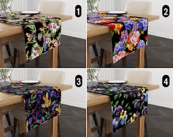 Dark Floral Table Runner, Boho Elegant Vintage & Gothic Style Flowers Table Runner, Black Exotic Luxury Table Runner, Dining Room Decor