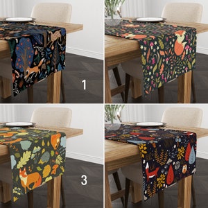 Peut inclure: Quatre chemins de table avec un fond bleu foncé et un motif de forêt coloré représentant des renards, des hiboux, des champignons et des feuilles. Les chemins de table sont présentés sur des tables en bois avec un fond blanc.