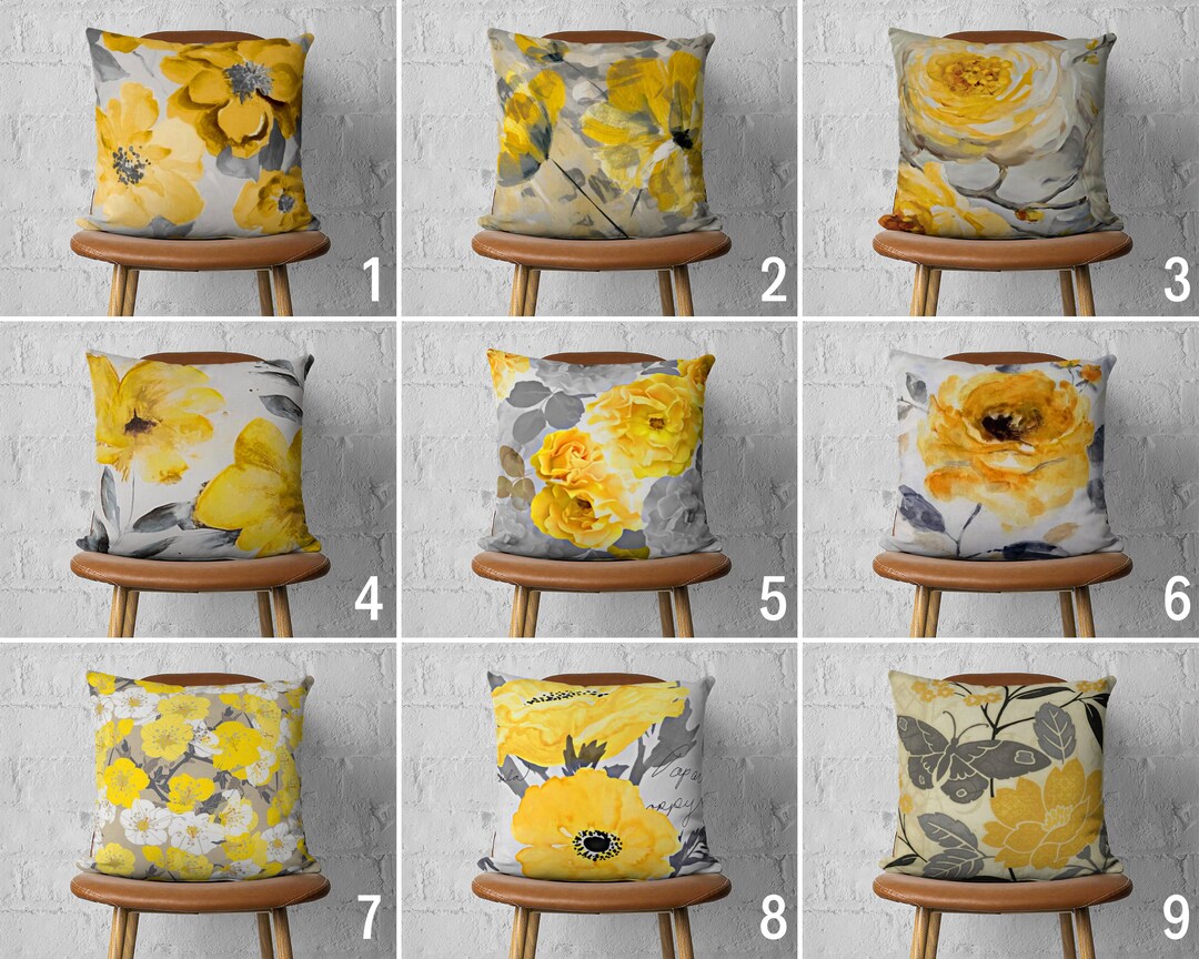 Yellow & Gray Floral Pillow Cover, Flowers Cushion Cover, Home Textile