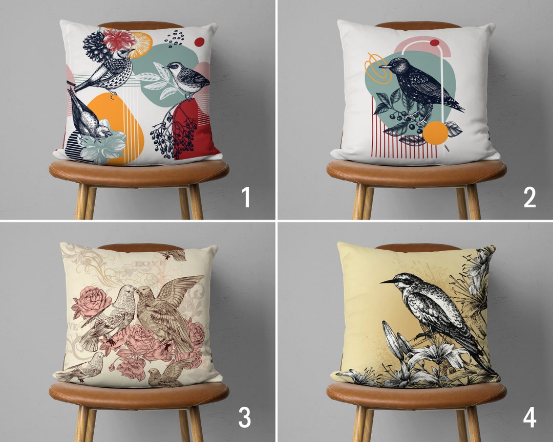 Abstract & Vintage Birds Pillow Cover, Cute Bird on Flowers Cushion